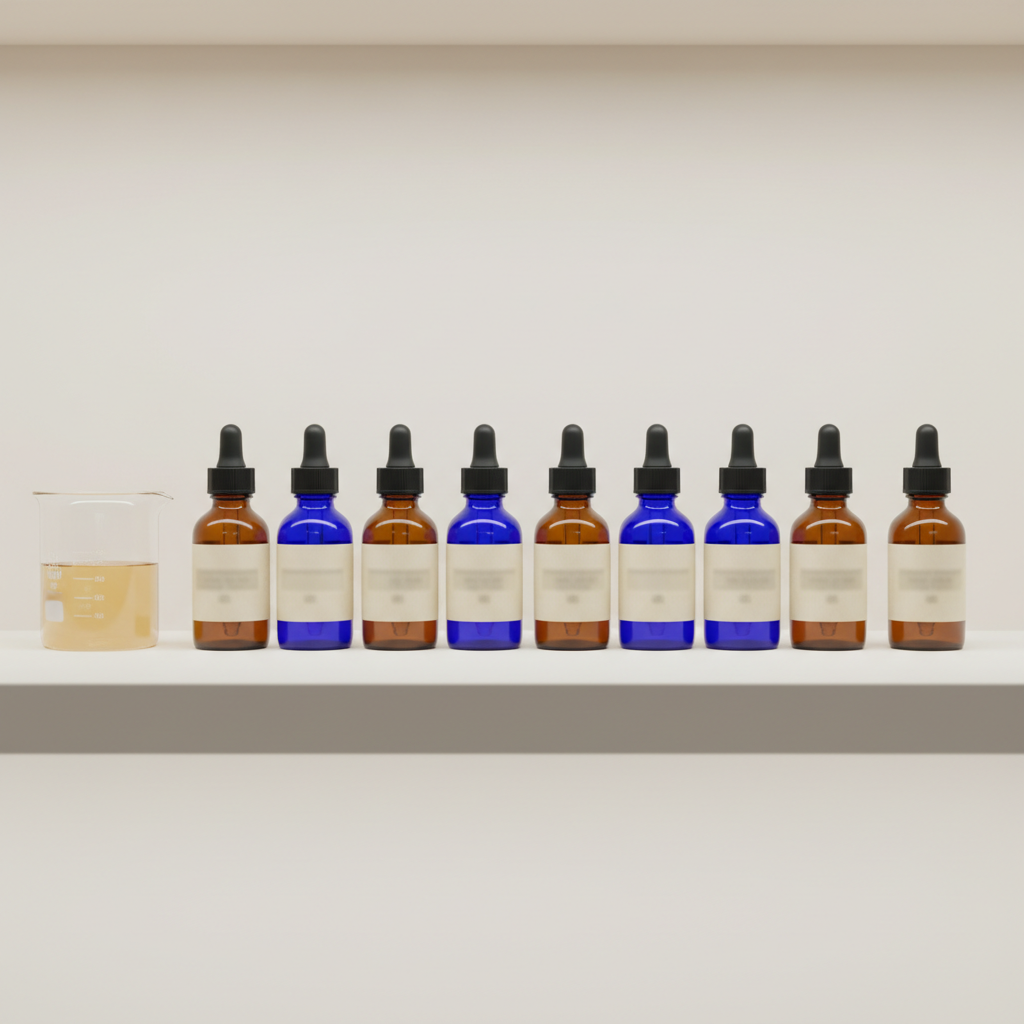 A sophisticated laboratory shelf scene featuring a neatly arranged series of amber and cobalt-blue glass dropper bottles containing various peptide formulations, their labels turned just enough to be unreadable. They sit on a pale, seamless shelf against a soft, off-white background, accompanied by a single, sleek lab beaker partially filled with a faintly tinted solution. Overhead, diffuse studio lighting creates even illumination with gentle, downward shadows and subtle highlights on the glass curves. Photographic realism with a clinical yet warm feel, shot straight-on with moderate depth of field so all bottles are in focus while the background remains smooth and unobtrusive. The composition is balanced and symmetrical, communicating order, professionalism, and the curated science behind peptide wellness products for longevity and graceful aging.