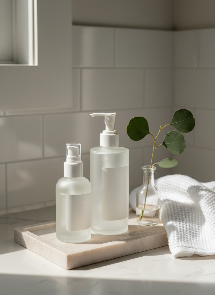 An elegant bathroom vanity scene featuring a frosted glass bottle of peptide-infused facial serum and a matching pump bottle of peptide body lotion, both with simple, modern labels turned subtly away so no text is readable. They rest on a pale stone tray beside a folded, waffle-textured white towel and a single green eucalyptus stem in a small, clear bud vase. Soft, indirect afternoon light from a nearby window bathes the scene, producing gentle, natural shadows and a slight glow on the frosted glass. Photographic realism with a clean, spa-like aesthetic, shot from a three-quarter angle at countertop height. The background is softly blurred white tile, conveying a serene, premium self-care ritual focused on looking refreshed, radiant, and vital as you age gracefully with peptide-based wellness products.