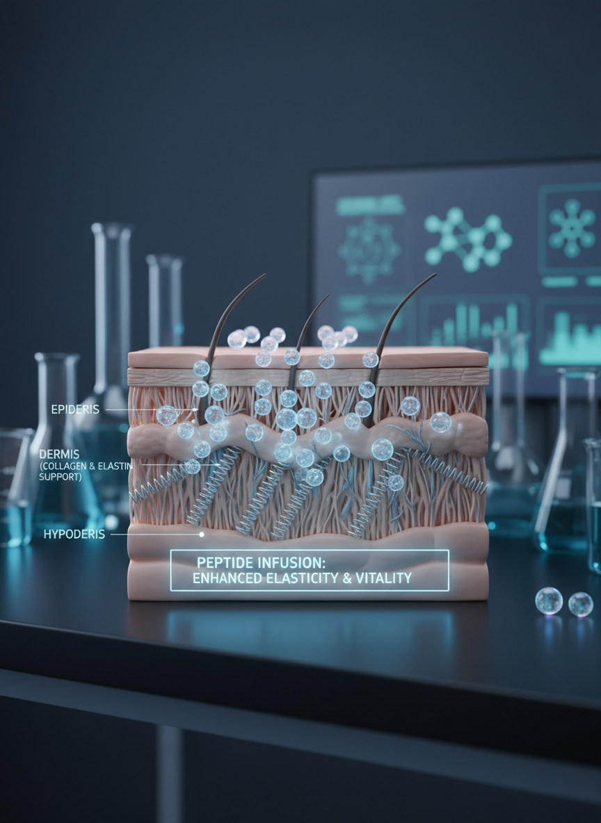 A close-up, cross-section view of a simplified, stylized skin layer model rendered in photographic realism, displayed on a matte black research bench. Translucent, pearl-like peptide molecules appear to gently diffuse downward in soft, glowing streams through the upper layers, suggesting support for collagen and elasticity. In the blurred background, cool-toned lab glassware and a softly glowing monitor hint at ongoing research. Cool, clinical lighting with a subtle blue cast creates crisp micro-shadows that define the skin structure. Shot from a straight-on, eye-level perspective with shallow depth of field, the focus is razor sharp on the interaction between molecules and skin. The overall mood is scientific, precise, and educational, ideal for explaining how peptide wellness can enhance skin vitality and healthy aging mechanisms.