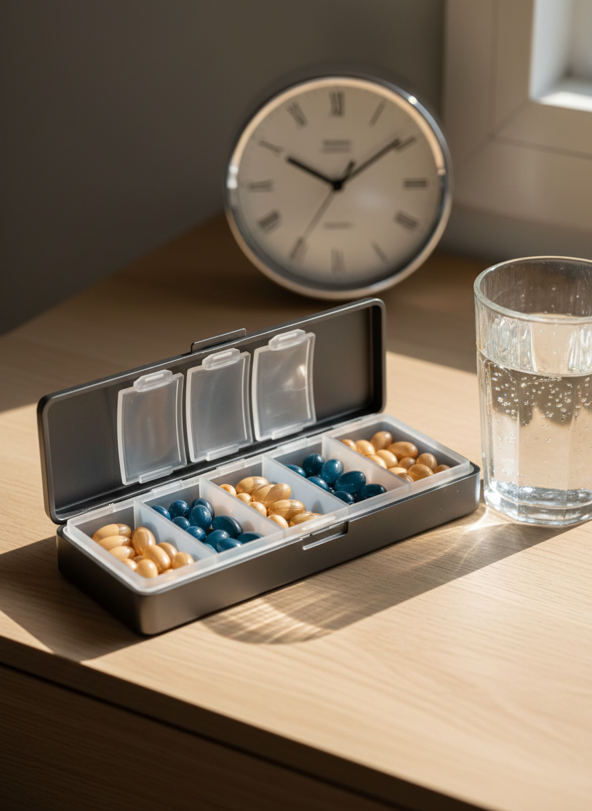 A sleek, charcoal-gray weekly peptide supplement organizer open on a pale oak bedside table, each compartment filled with small, glistening capsules in muted blues and soft ambers. Beside it rests a clear glass of water with tiny air bubbles clinging to the sides and a tasteful, silver analog clock partially visible in the background. Warm morning sunlight filters through an unseen window, casting elongated, gentle shadows and subtle highlights on the capsules. Photographic realism, captured from a slightly elevated angle using the rule of thirds to emphasize the organizer while keeping the environment softly detailed. The scene feels calm, reassuring, and subtly luxurious, conveying a daily peptide wellness routine that supports vitality and graceful, healthy aging without clutter or distraction.