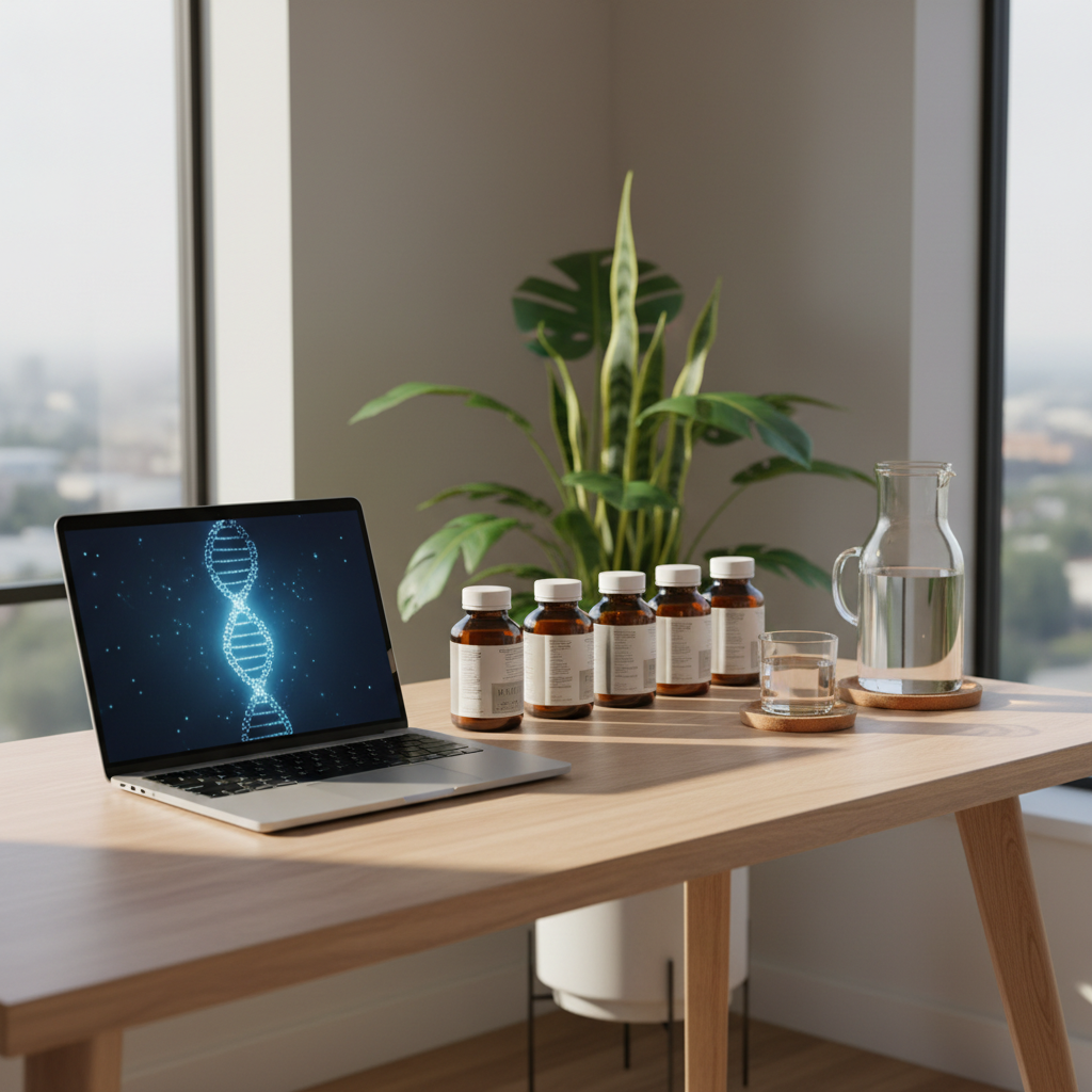 A modern, softly lit home wellness nook with a small, light-wood desk holding a slim laptop displaying an abstract peptide helix graphic on its screen, next to a tidy array of supplement bottles with neutral labels turned away. A clear carafe of water and a glass rest nearby on a cork coaster, and a lush green plant adds a touch of life in the background. Gentle, late-morning natural light pours in from a side window, creating a calm interplay of light and shadow across the desk surface. Photographic realism, framed with an eye-level, wide composition that leaves generous negative space for overlaying educational content. The atmosphere feels organized, optimistic, and balanced, evoking a lifestyle of informed peptide wellness choices that support long-term vitality and healthy aging at home.