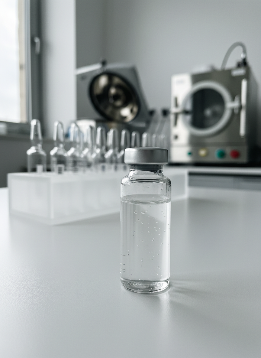 A clean, minimalist glass vial of clear peptide serum standing upright on a matte white laboratory surface, tiny condensation dots beading on the outside to suggest freshness. Behind it, out of focus, are orderly rows of similar vials in a frosted acrylic rack and a hint of stainless steel lab equipment, indicating a professional wellness lab setting. Soft, diffused daylight from a high side window creates subtle reflections on the glass and gentle shadows, emphasizing clarity and purity. Photographic realism with a neutral, modern aesthetic, shot at eye level with shallow depth of field so the front vial is in crisp focus while the background melts into a smooth, clinical blur. The mood is precise, trustworthy, and focused on scientific peptide wellness for healthy aging.