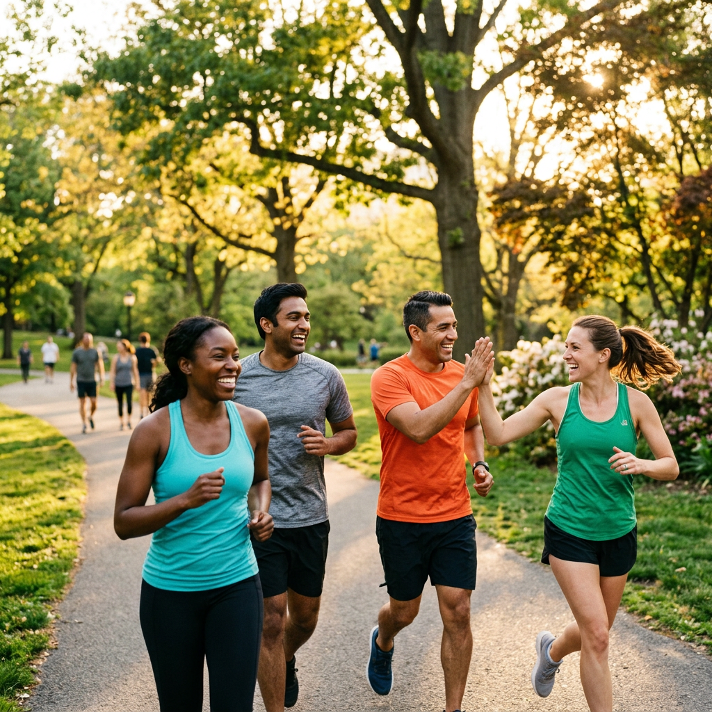 Four friends jogging together and sharing a high-five in a park