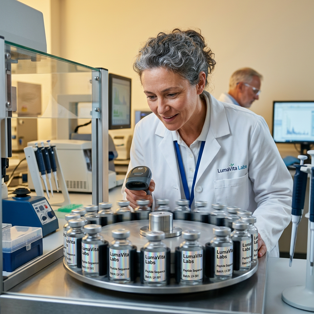 Scientist examining LumaVita Labs peptide sequence samples labeled Batch LV-301