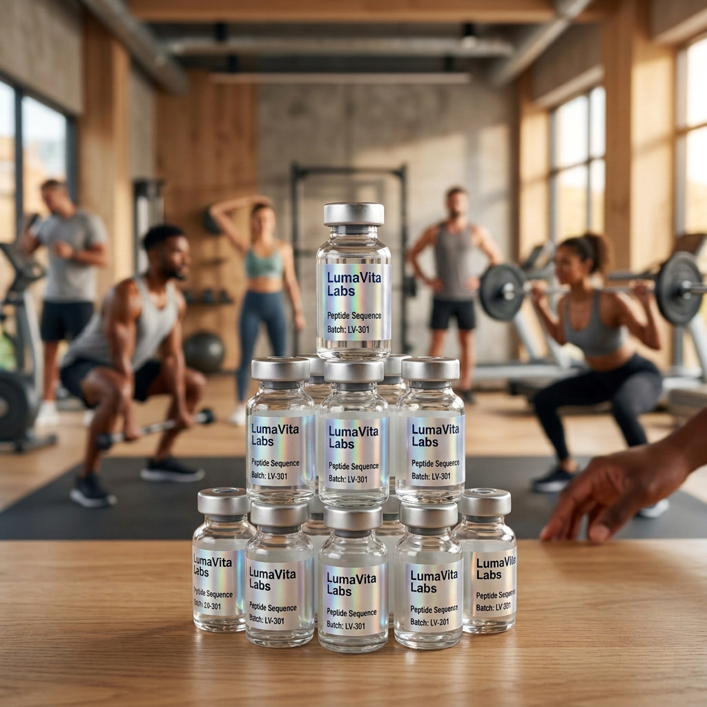 Stacked LumaVita Labs vials labeled Peptide Sequence, Batch LV-301, in a gym