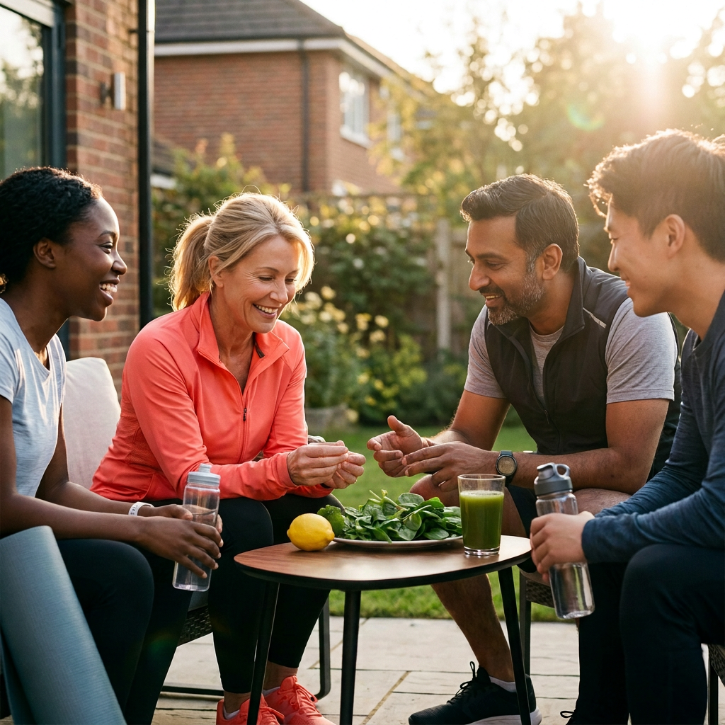 Four friends gather outdoors around LumaVita Labs wellness bottles and fresh drinks